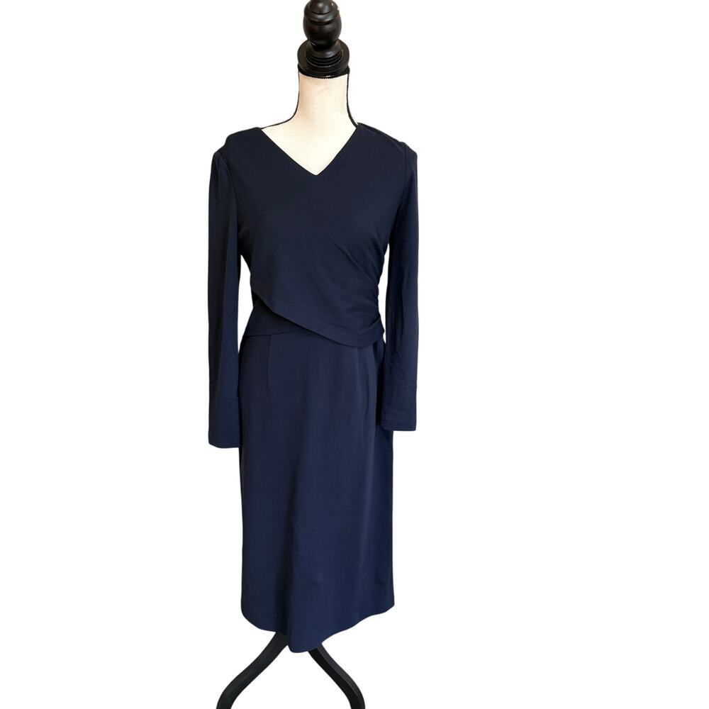 Lafayette 148 New York Navy Midi Dress Womens Size 4 Wrap Bodice Classic